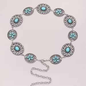 Western Bohemian Silver Emblem Belt Turquoise Waist Chain Versatile Belt NeW